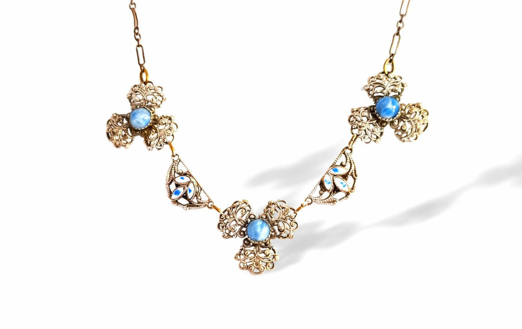Vintage art deco Edwardian necklace blue Peking glass filigree enamel link necklace