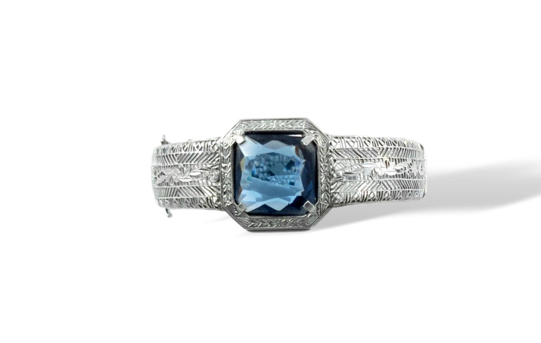 Vintage art deco nouveau large sapphire blue glass stone rhodium filigree hinged bangle bracelet, gifts for her
