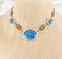 Load image into Gallery viewer, Vintage art deco blue glass cabochons enamel filigree necklace jewelry lovers gift
