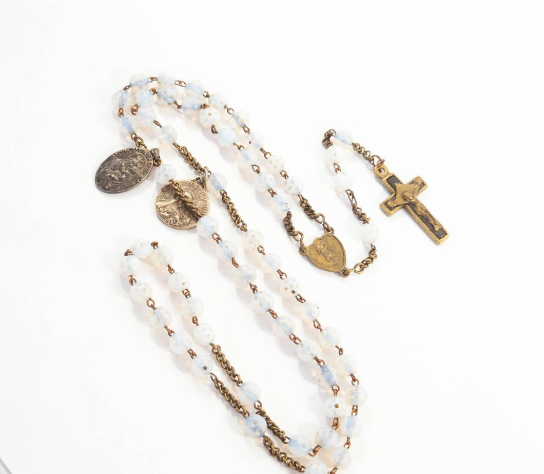 Antique pitted opaline rosary with inverted Mary centerpiece, rare 1890s Catholic opaline rosary