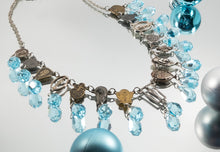 Load image into Gallery viewer, Antique religious medals assemblage necklace with blue crystal drops
