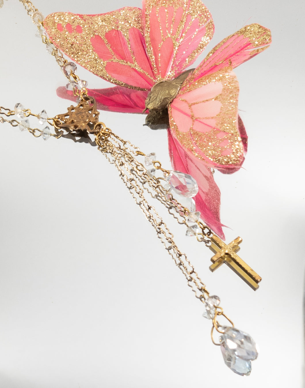 Vintage handmade gold filled etched cross crystal briolette teardrop beaded tassel necklace