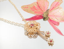 Load image into Gallery viewer, Vintage handmade pink rhinestone floral filigree tassel necklace
