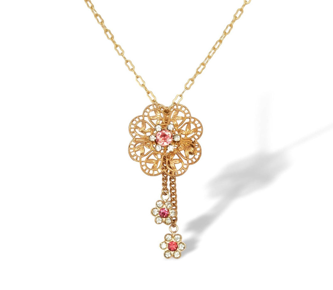 Vintage handmade pink rhinestone floral filigree tassel necklace