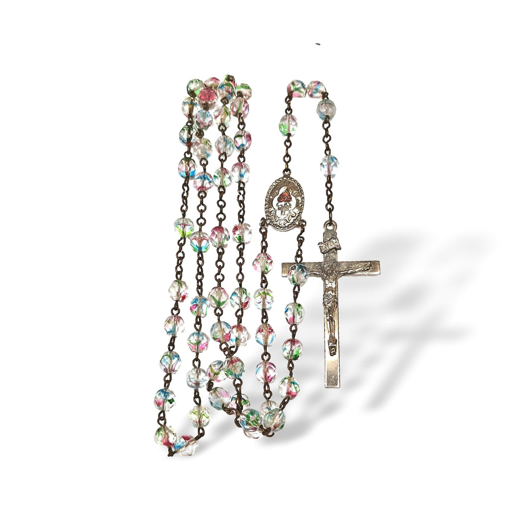 Rare vintage rainbow iris crystal enamel Sacred Heart of Jesus rosary Catholic