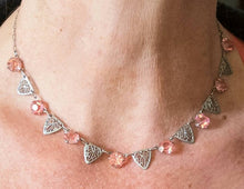 Load image into Gallery viewer, Dainty vintage art deco rhodium filigree pink open back cut crystal riviere necklace
