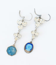 Load image into Gallery viewer, Vintage blue enamel religious medals rhinestone drop assemblage earrings
