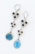 Load image into Gallery viewer, Vintage blue enamel religious medals rhinestone drop assemblage earrings
