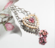 Load image into Gallery viewer, Handmade vintage pink rhinestone heart pendant assemblage necklace
