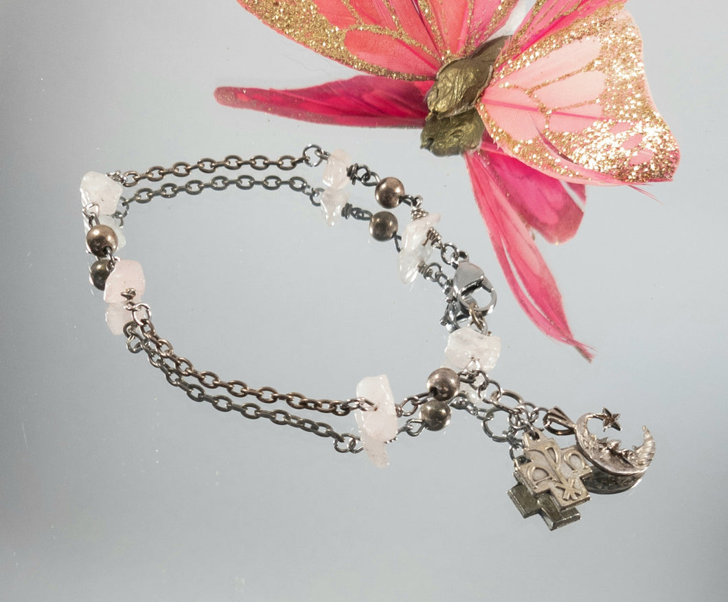 Vintage handmade boho beaded rose quartz cross moon charm bracelet