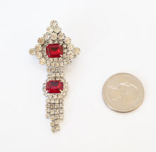 Load image into Gallery viewer, Festive vintage red and clear rhinestone waterfall holiday brooch
