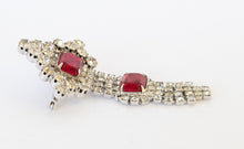 Load image into Gallery viewer, Festive vintage red and clear rhinestone waterfall holiday brooch
