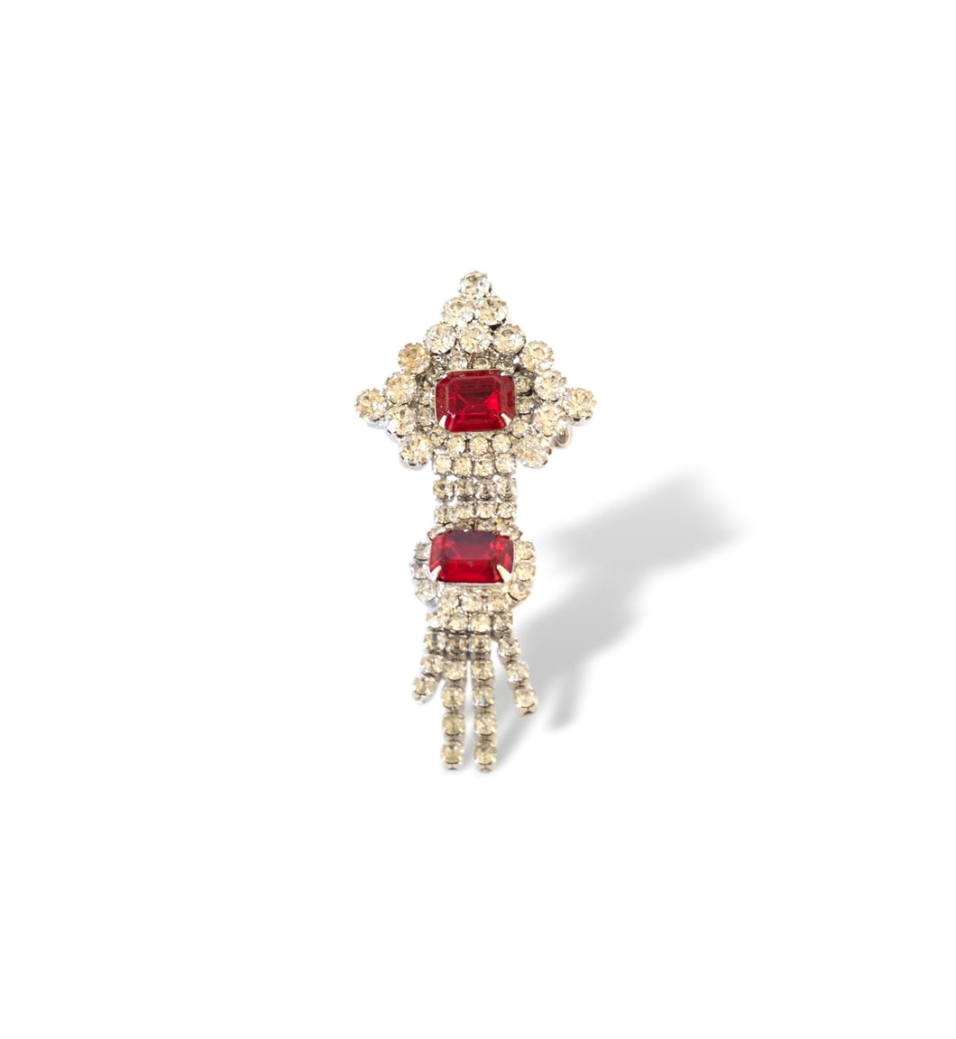 Festive vintage red and clear rhinestone waterfall holiday brooch