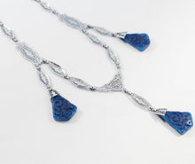 Load image into Gallery viewer, Vintage art deco rhodium filigree link carved blue lapiz glass pendant drop necklace
