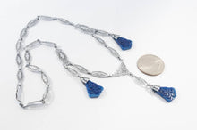 Load image into Gallery viewer, Vintage art deco rhodium filigree link carved blue lapiz glass pendant drop necklace
