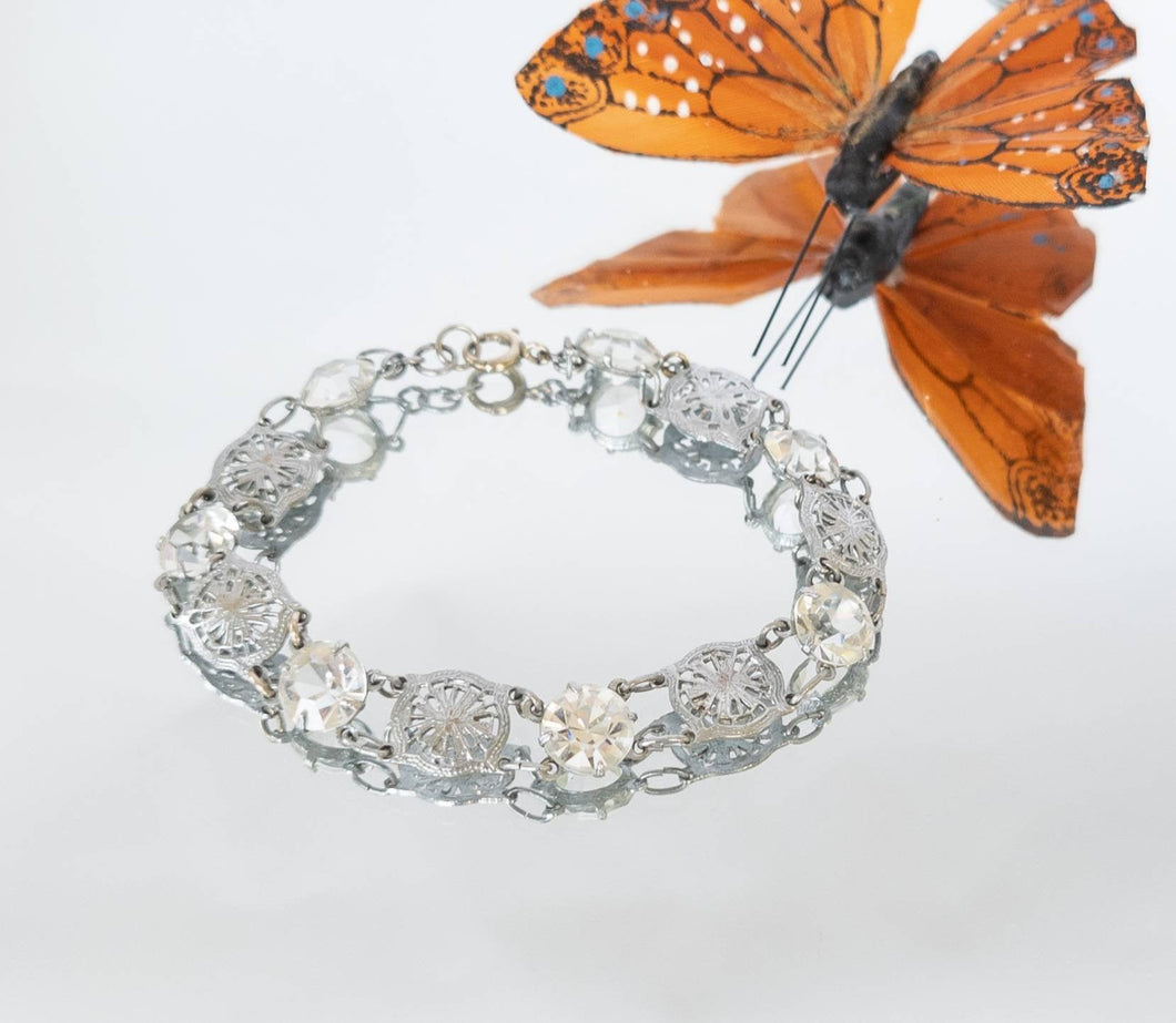 Antique Vintage art deco rhodium filigree open back bezel set crystal paste bracelet, gifts for her