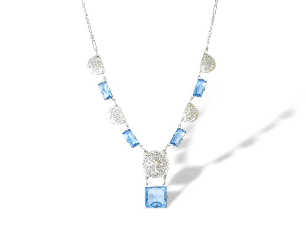 Vintage art Deco pale blue Czech glass open back rhodium plated filigree link necklace