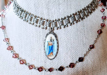 Load image into Gallery viewer, Vintage Madonna and child painted enamel medal book chain purple glass beads double strand
