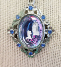Load image into Gallery viewer, Vintage Our Lady of Lourdes purple French mercury glass medal rhinestone pendant necklace
