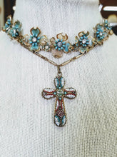 Load image into Gallery viewer, Vintage micro mosaic cross blue flower rhinestone assemblage necklace
