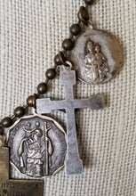 Load image into Gallery viewer, Antique bronze crucifix Catholic medals loaded religious charm assemblage necklace
