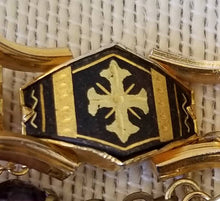 Load image into Gallery viewer, Vintage gold filled damascene cross and praying girl charm panel bracelet handmade
