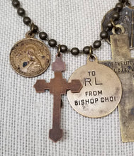 Load image into Gallery viewer, Antique bronze crucifix Catholic medals loaded religious charm assemblage necklace
