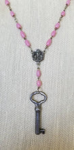 Load image into Gallery viewer, Antique skeleton key necklace and key earring jewelry set on pink glass beads

