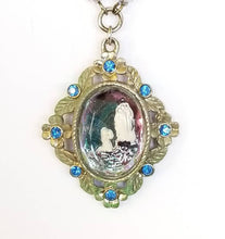 Load image into Gallery viewer, Vintage Our Lady of Lourdes purple French mercury glass medal rhinestone pendant necklace
