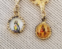 Load image into Gallery viewer, Vintage religious Virgin Mary Sacred Heart of Jesus assemblage picture dangle earrings
