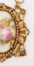 Load image into Gallery viewer, Vintage handmade art deco ceramic flower cameo assemblage necklace on coro book chain
