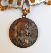 Load image into Gallery viewer, Antique French Virgin Mary medal necklace on chunky two toned book chain, handmade
