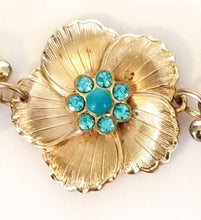 Load image into Gallery viewer, Vintage handmade boho chunky blue rhinestone flower filigree assemblage bracelet
