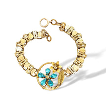 Load image into Gallery viewer, Antique gold filled blue flower rhinestone assemblage bracelet on Victorian book chain
