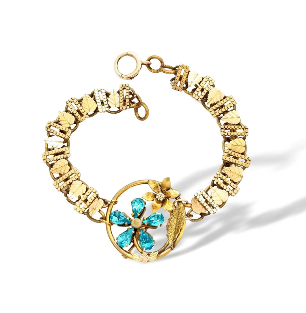Antique gold filled blue flower rhinestone assemblage bracelet on Victorian book chain