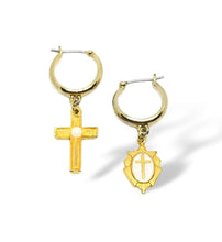 Load image into Gallery viewer, Dainty handmade vintage gold white enamel cross hoop dangle mismatched earrings
