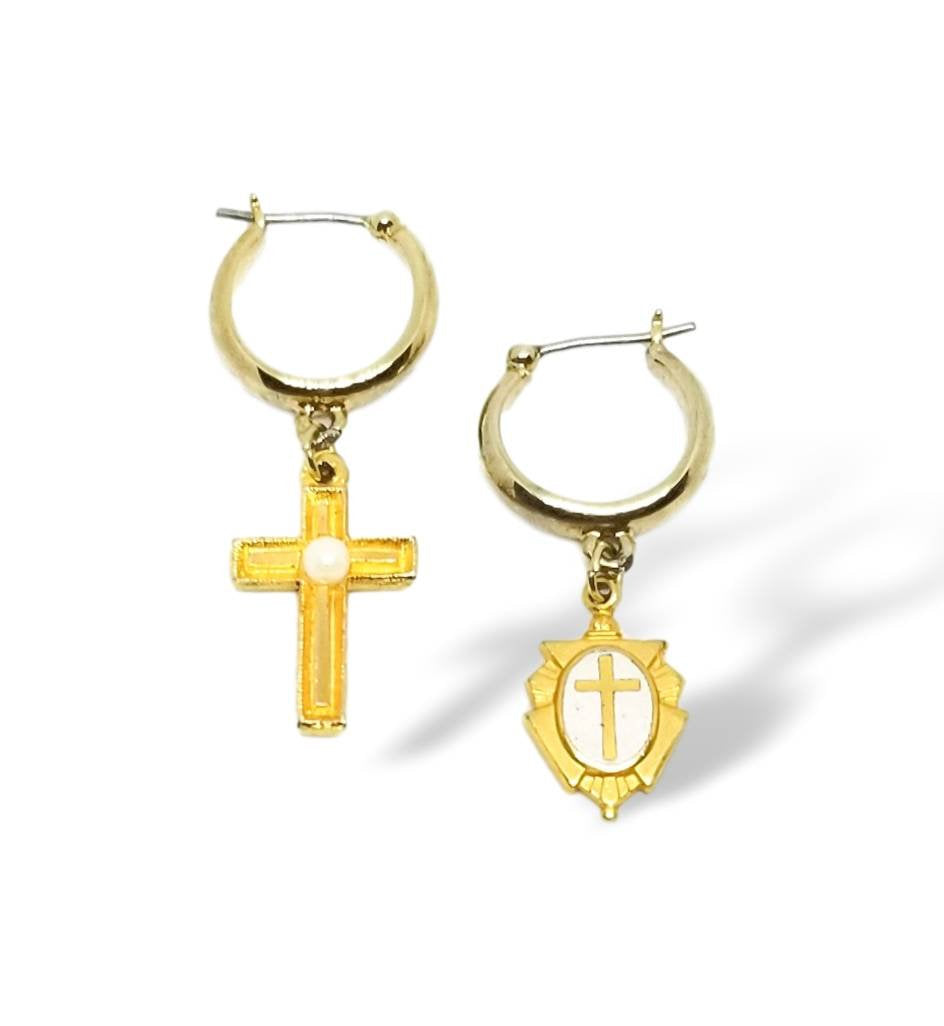 Dainty handmade vintage gold white enamel cross hoop dangle mismatched earrings