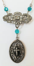 Load image into Gallery viewer, Antique religious sterling silver marcasite cross assemblage necklace with rhinestones &amp; turquoise beads
