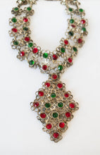 Load image into Gallery viewer, Vintage handmade boho green and red rhinestone filigree assemblage pendant necklace
