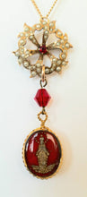 Load image into Gallery viewer, Vintage handmade art nouveau style 1940s Catholic red mercury glass medal faux pearls necklace
