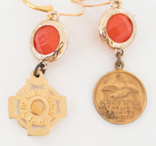 Load image into Gallery viewer, Antique bronze religious medals dangle earrings on orange beads
