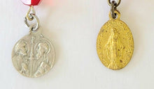 Load image into Gallery viewer, Vintage handmade Catholic religious medal red Czech glass dangle earrings, mismatched
