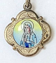 Load image into Gallery viewer, Dainty handmade vintage religious painted enamel Miraculous medal rhinestone assemblage necklace
