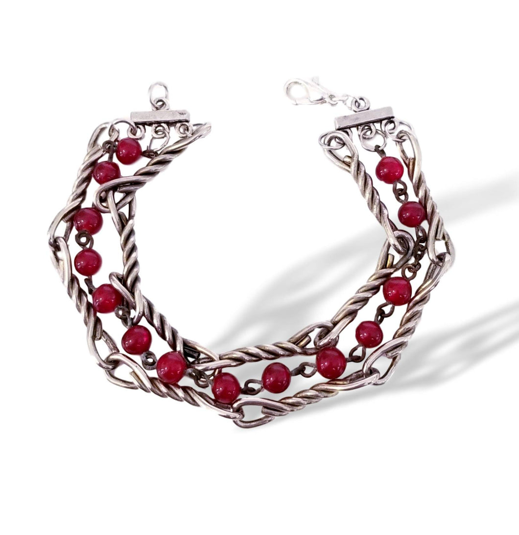 Vintage red glass beaded multi strand bracelet, gifts for her