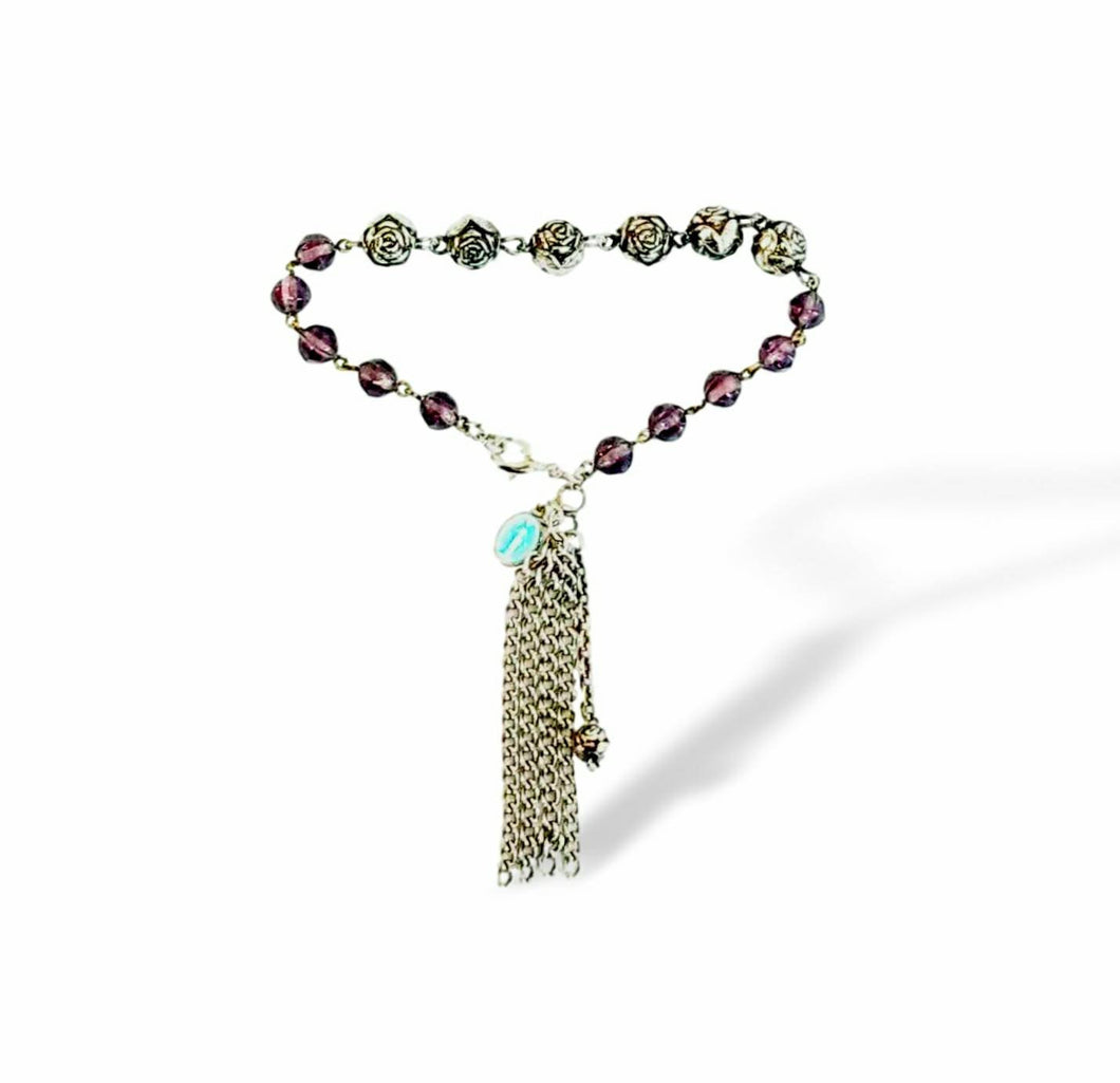 Vintage handmade purple beaded chain tassel enamel Miraculous medal religious bracelet