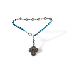 Load image into Gallery viewer, Vintage religious four way cross on turquoise glass beads assemblage bracelet Catholic
