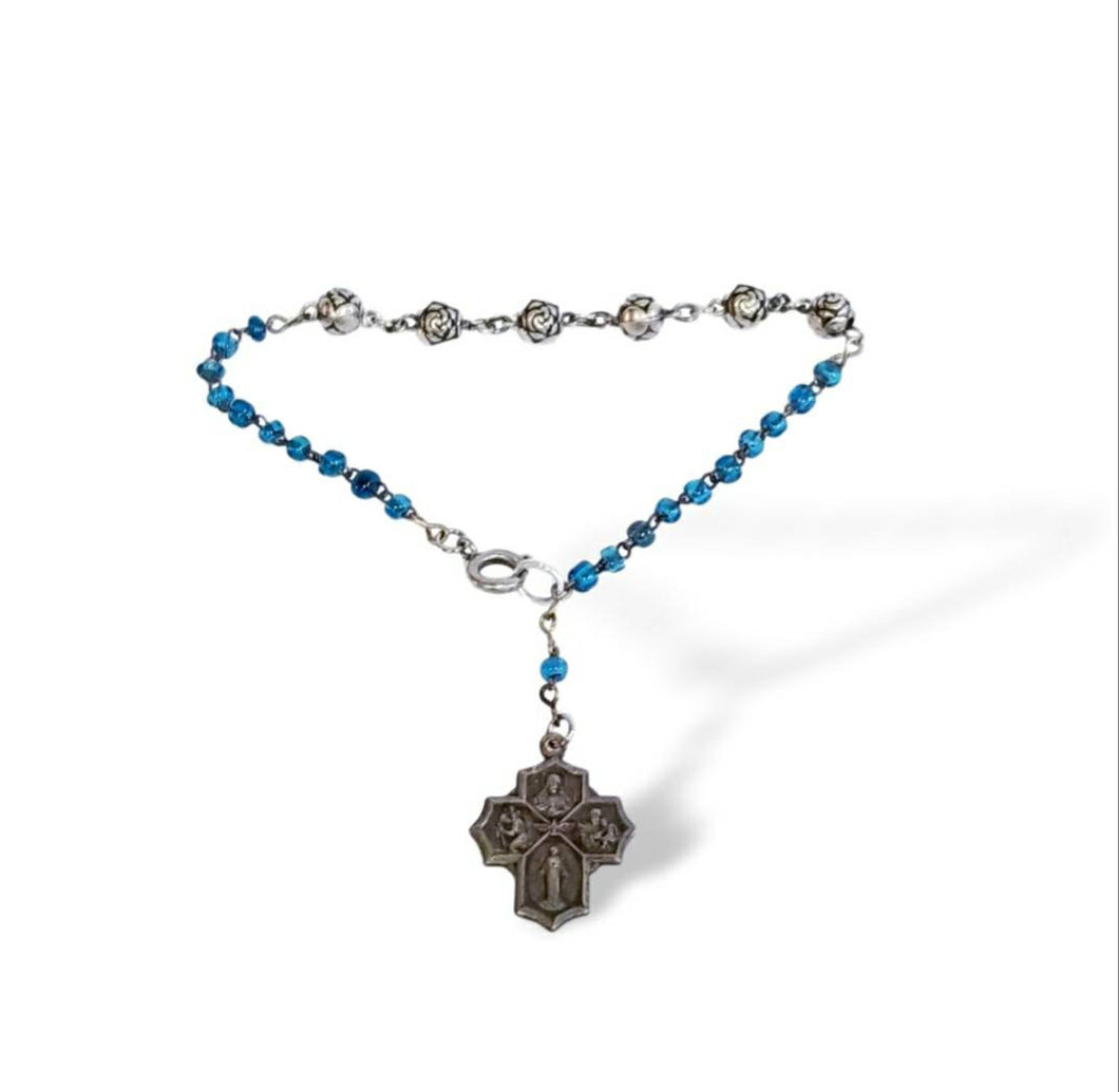 Vintage religious four way cross on turquoise glass beads assemblage bracelet Catholic
