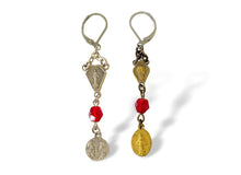 Load image into Gallery viewer, Vintage handmade Catholic religious medal red Czech glass dangle earrings, mismatched
