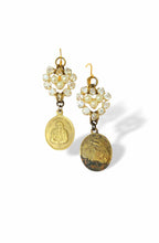 Load image into Gallery viewer, Antique bronze religious medals dangle earrings with rhinestone hearts
