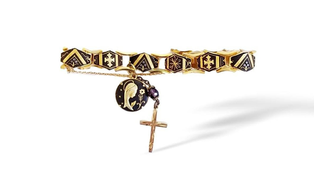 Vintage gold filled damascene cross and praying girl charm panel bracelet handmade